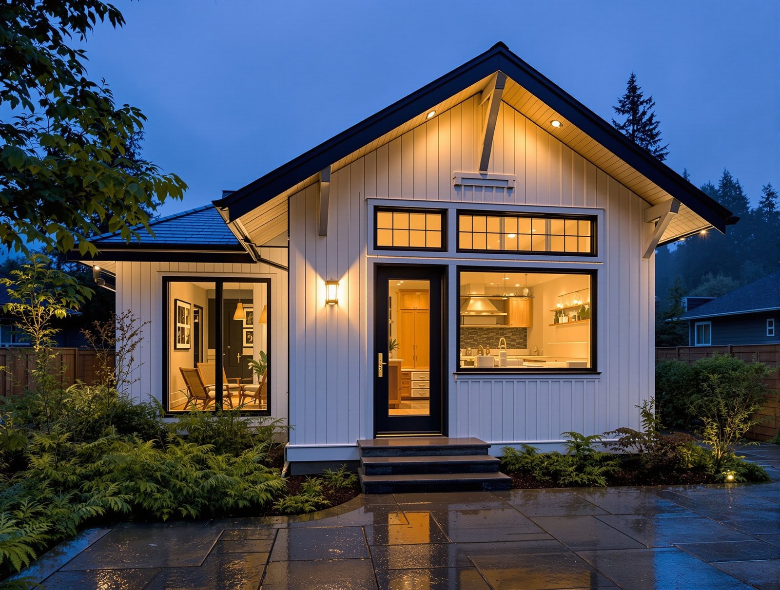 Oregon ADU exterior at twilight, warm interior light glowing