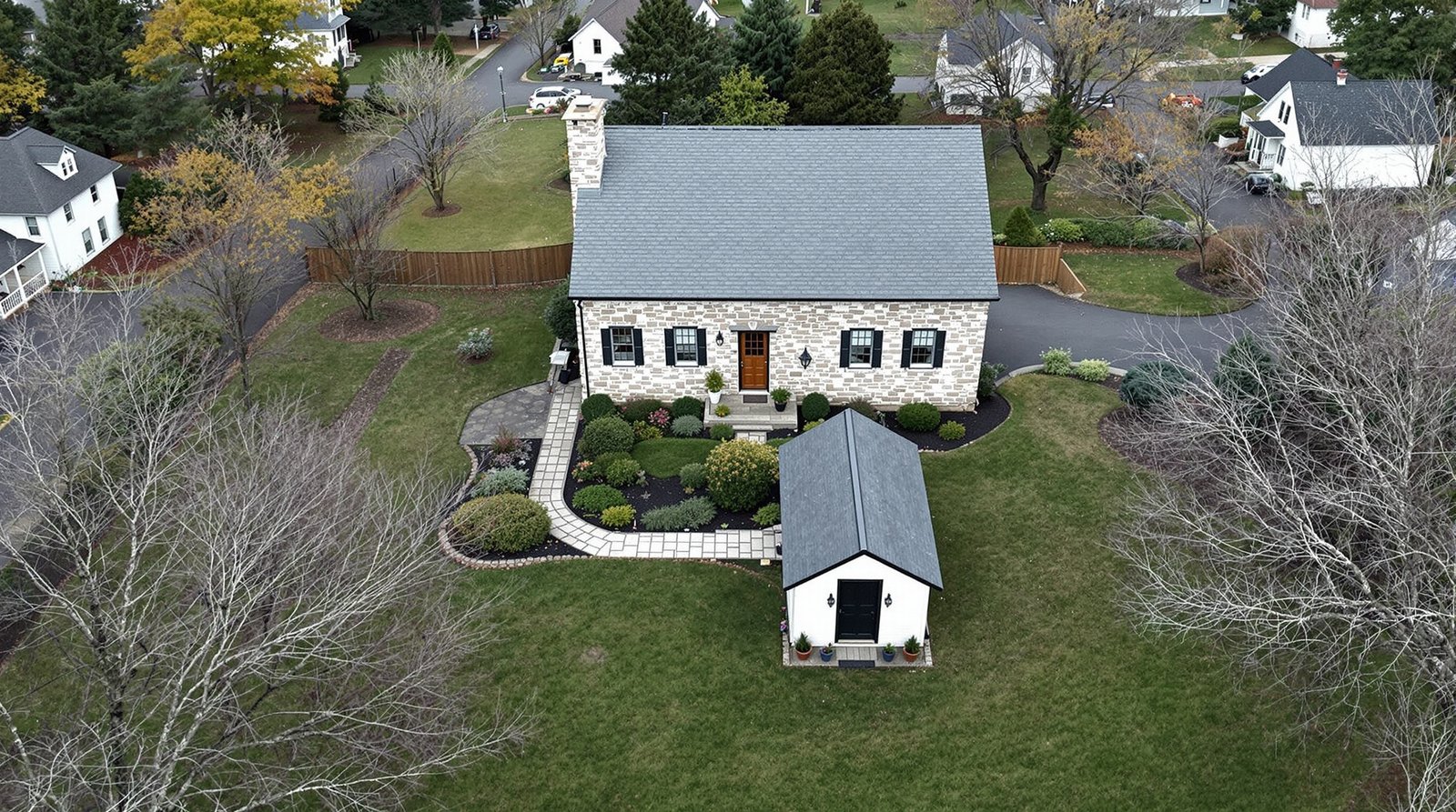 Aerial view of Pennsylvania property with backyard ADU