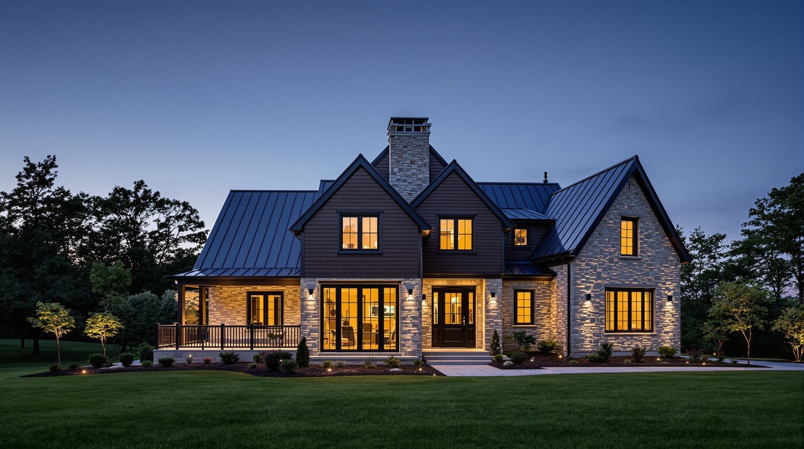 Pennsylvania ADU exterior at twilight, warm interior light glowing
