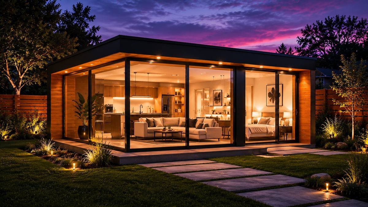 Modern prefab modular ADU in a backyard with floor-to-ceiling glass walls at dusk