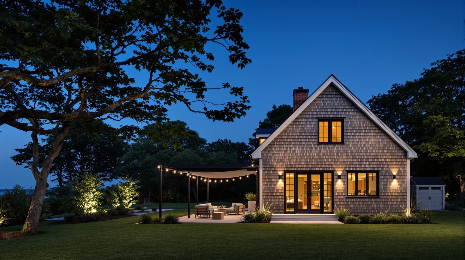 Rhode Island ADU and main house evening backyard view