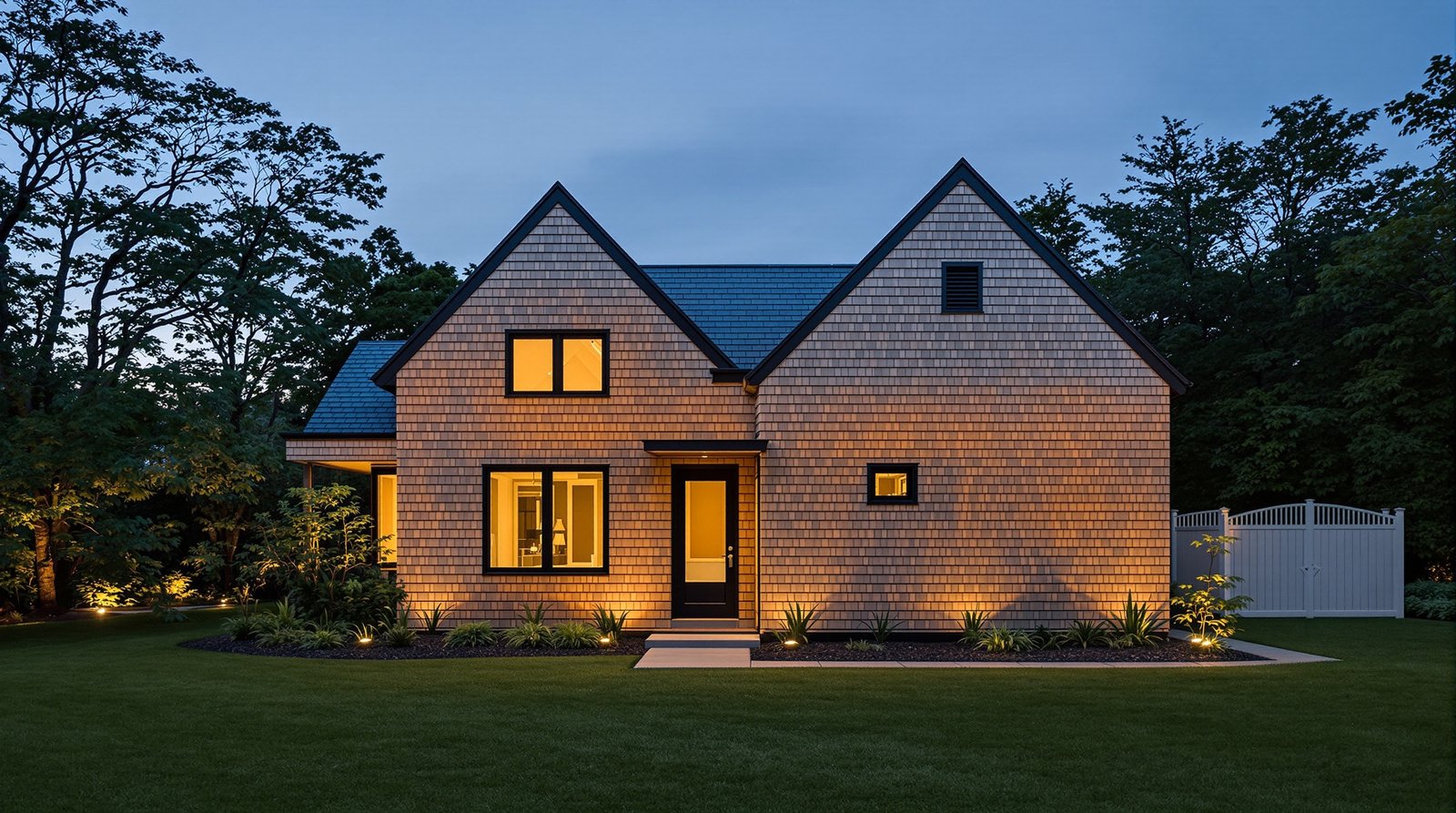 Rhode Island ADU exterior at twilight, warm interior light glowing