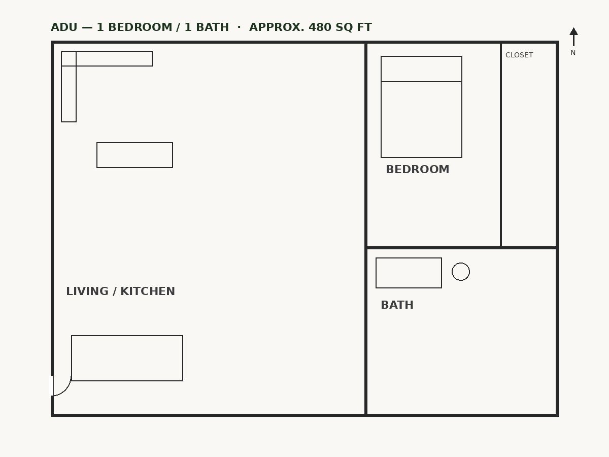 Example 1-bedroom ADU floor plan, illustrative layout