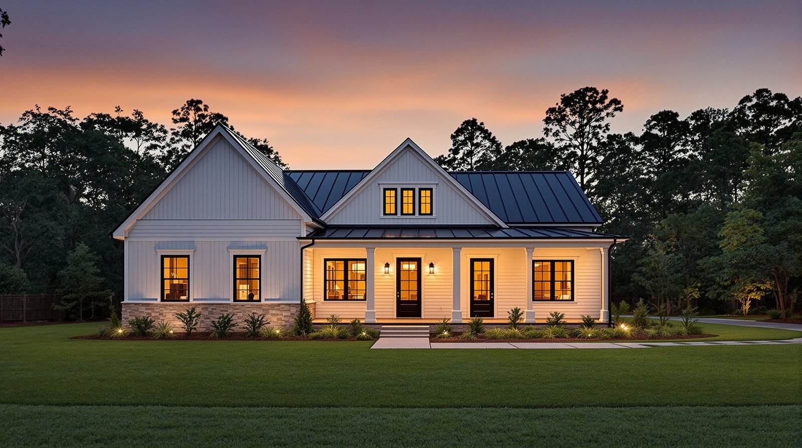 South Carolina ADU exterior at twilight, warm interior light glowing