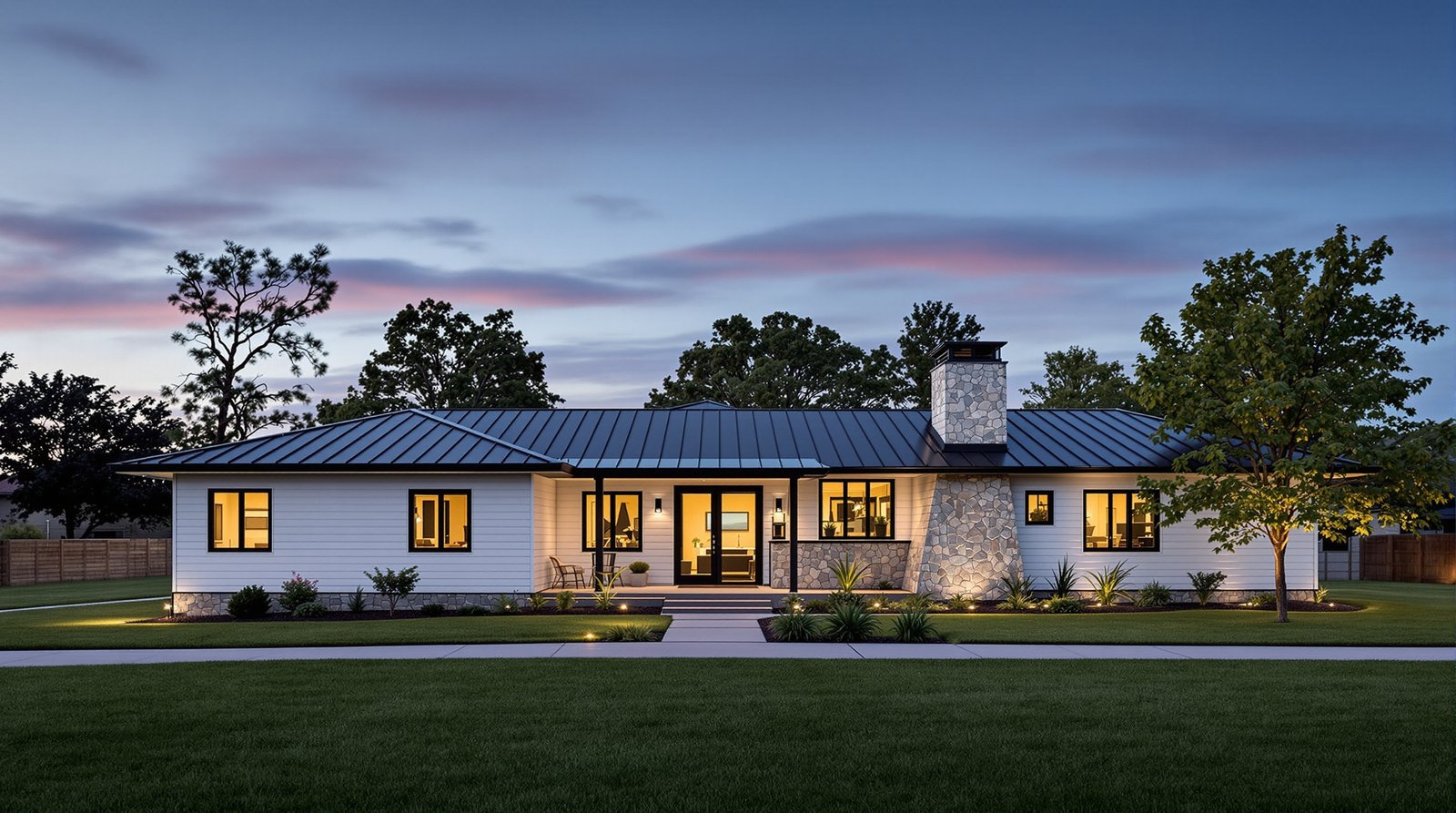 South Dakota ADU exterior at twilight, warm interior light glowing