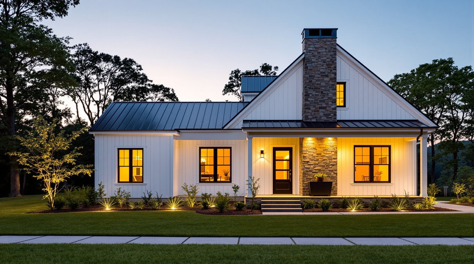 Tennessee ADU exterior at twilight, warm interior light glowing