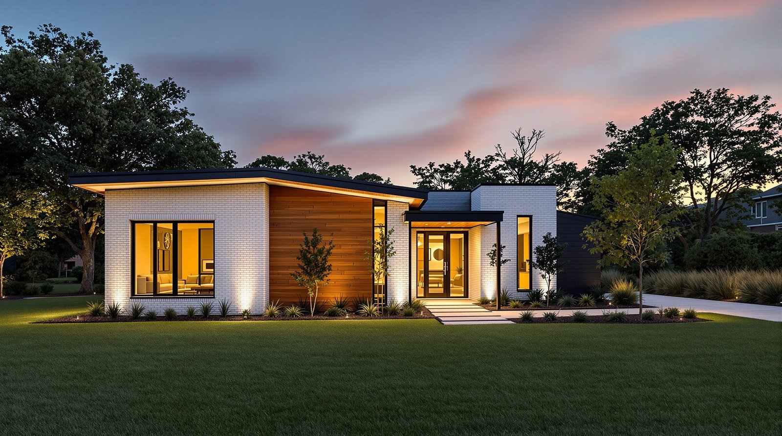 Texas ADU exterior at twilight, warm interior light glowing