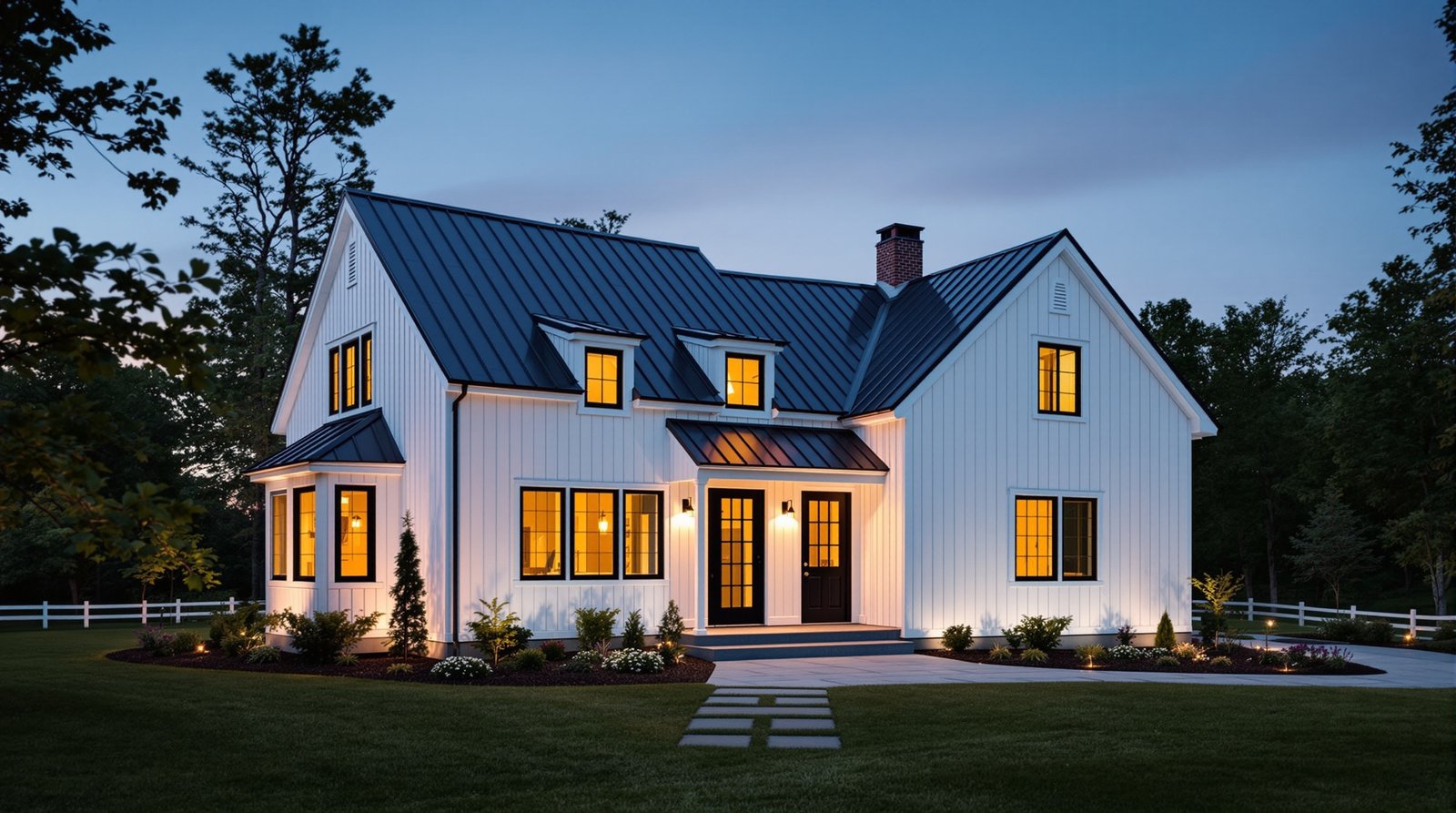 Vermont ADU exterior at twilight, warm interior light glowing