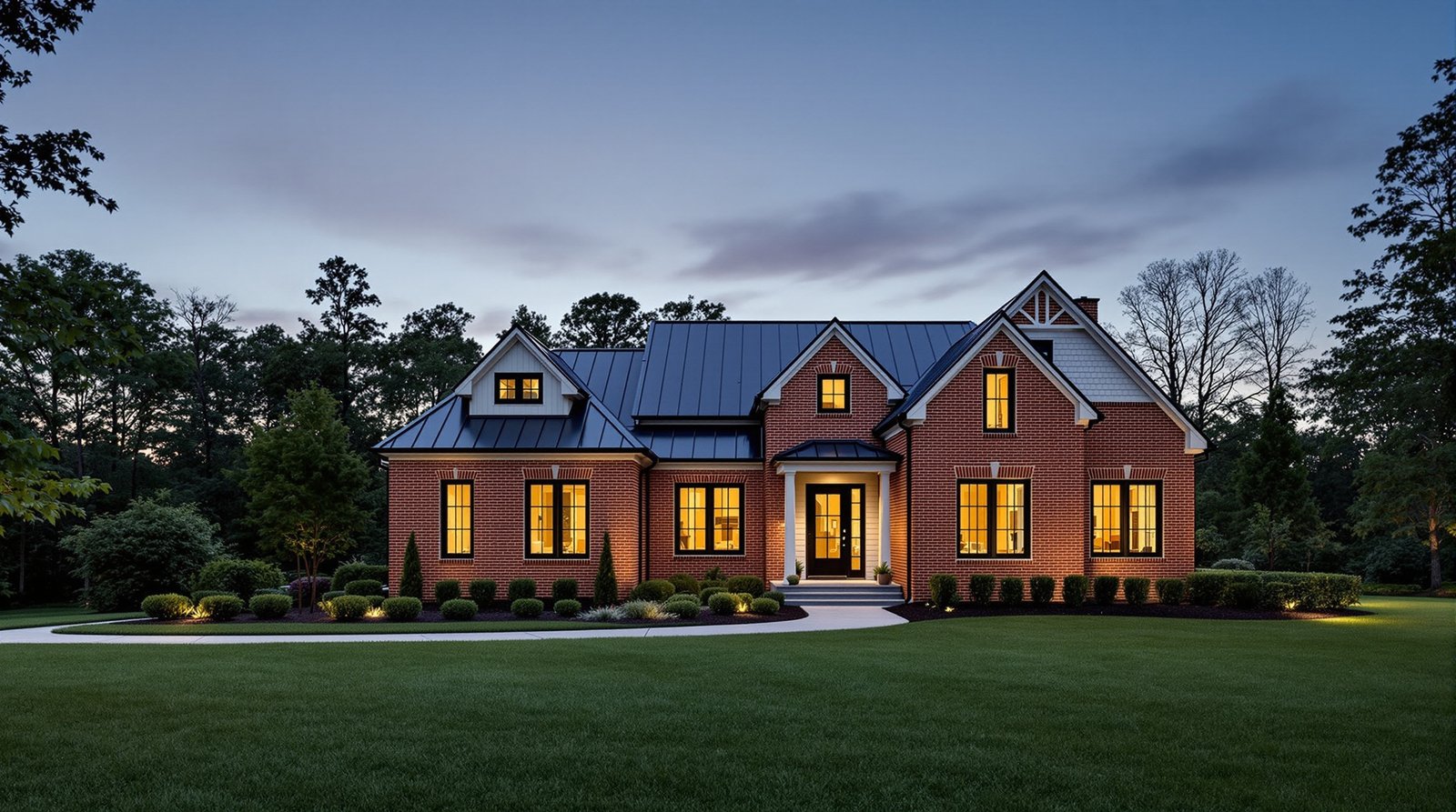 Virginia ADU exterior at twilight, warm interior light glowing