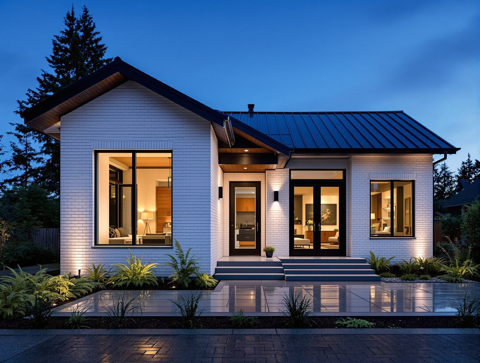 Washington ADU exterior at twilight, warm interior light glowing