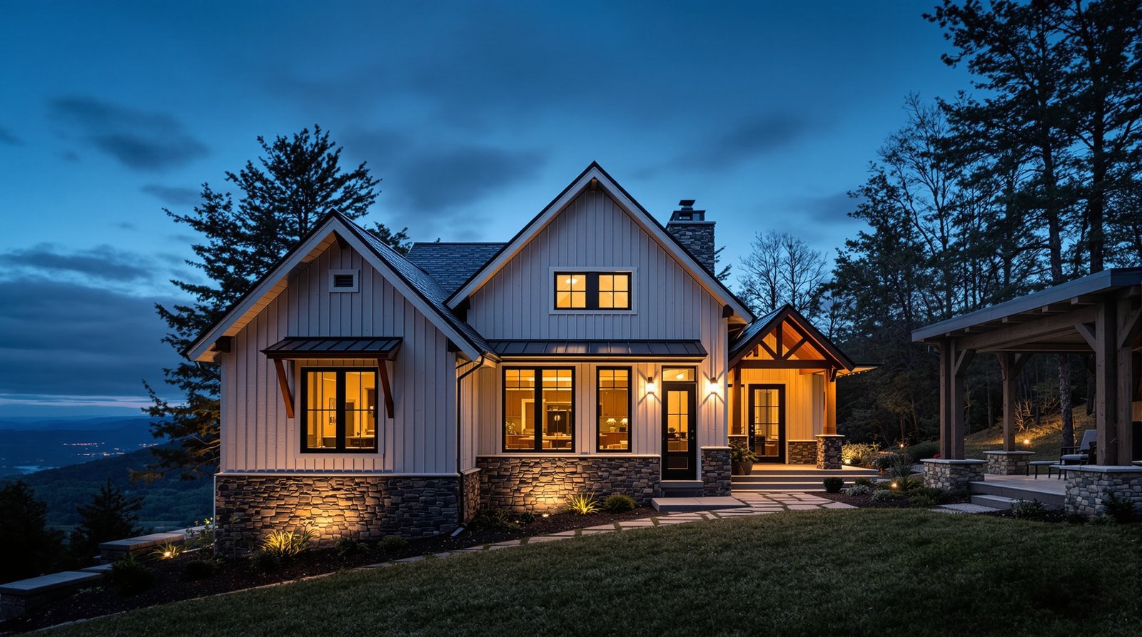 West Virginia ADU exterior at twilight, warm interior light glowing