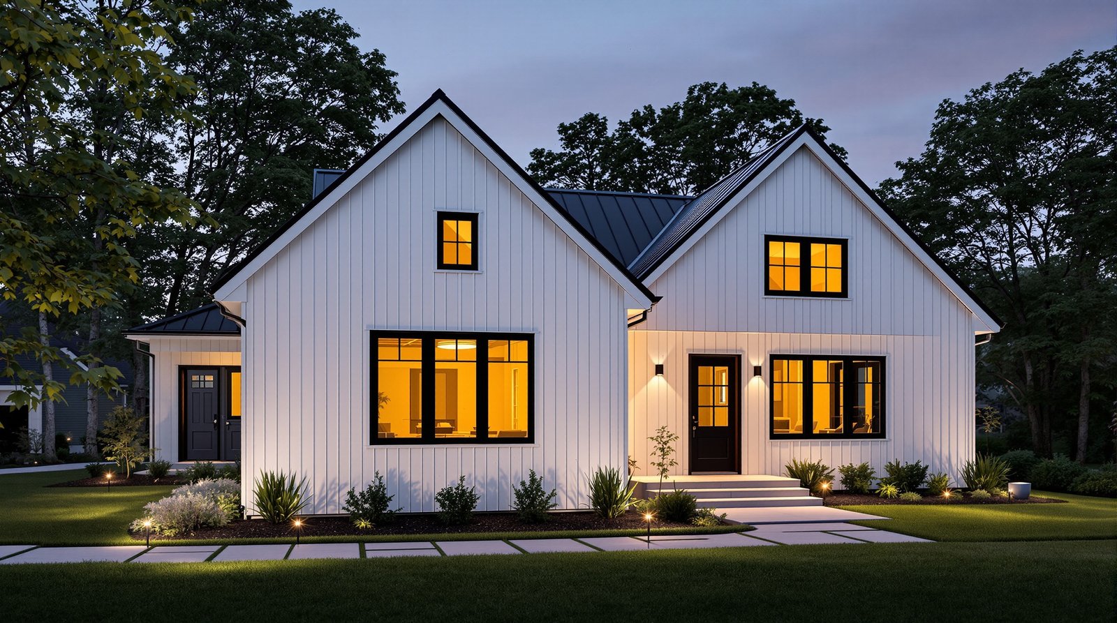 Wisconsin ADU exterior at twilight, warm interior light glowing