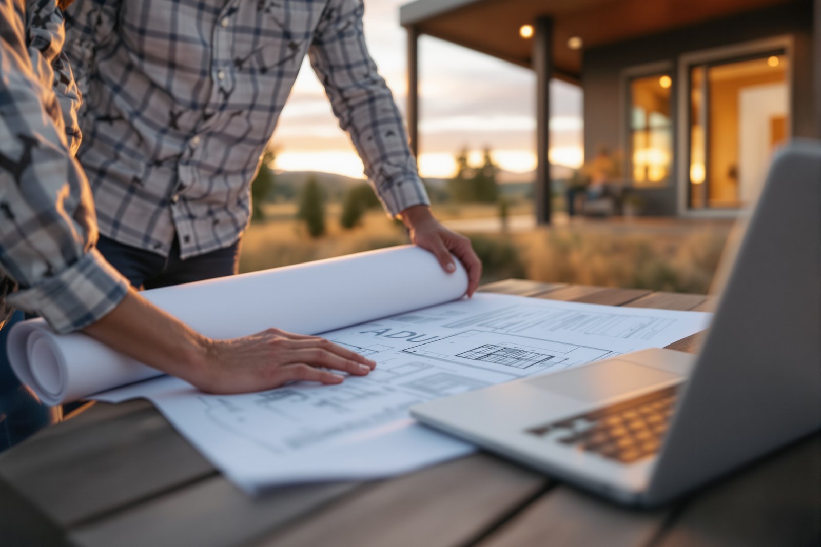Homeowners reviewing ADU permit documents in Wyoming